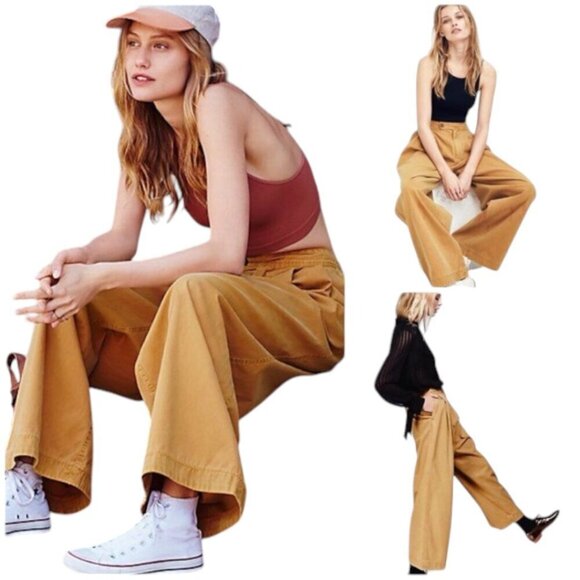 Free People Liberty Wide Leg Pleated Caramel Tan Pants - Picture 2 of 12